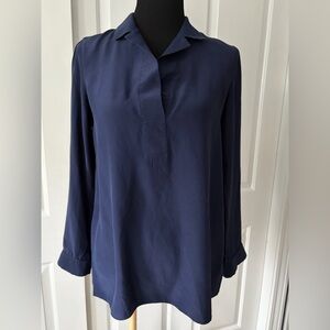 Lafayette 148 New York Navy Silk Long-Sleeve Blouse